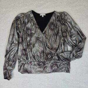 Maison D'Amelie Women's Silver Metallic Long Sleeve Going Out Top Large